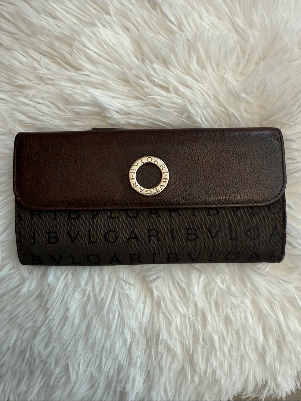 BVLGARI Logomania Canvas and Leather Flap Long Wallet in Brown